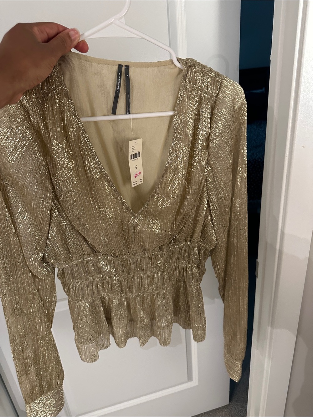 Anthropology Gold Metallic V-Neck Smocked Peplum Blouse